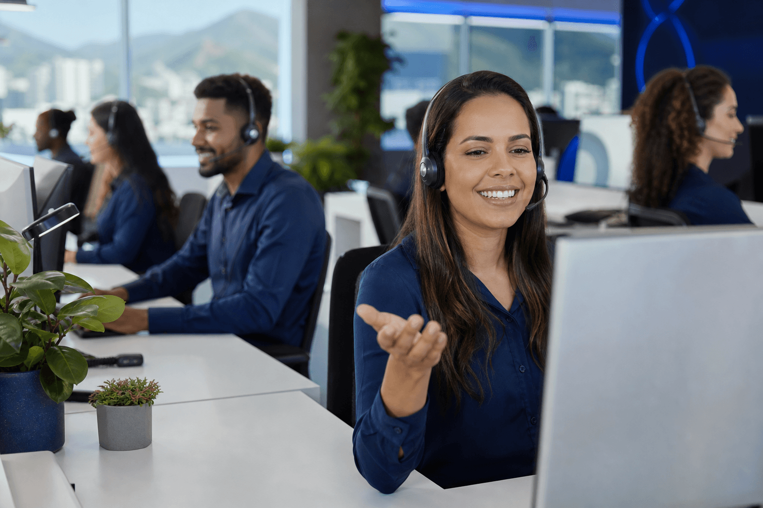Equipe de atendimento sorrindo em um piso de customer care moderno