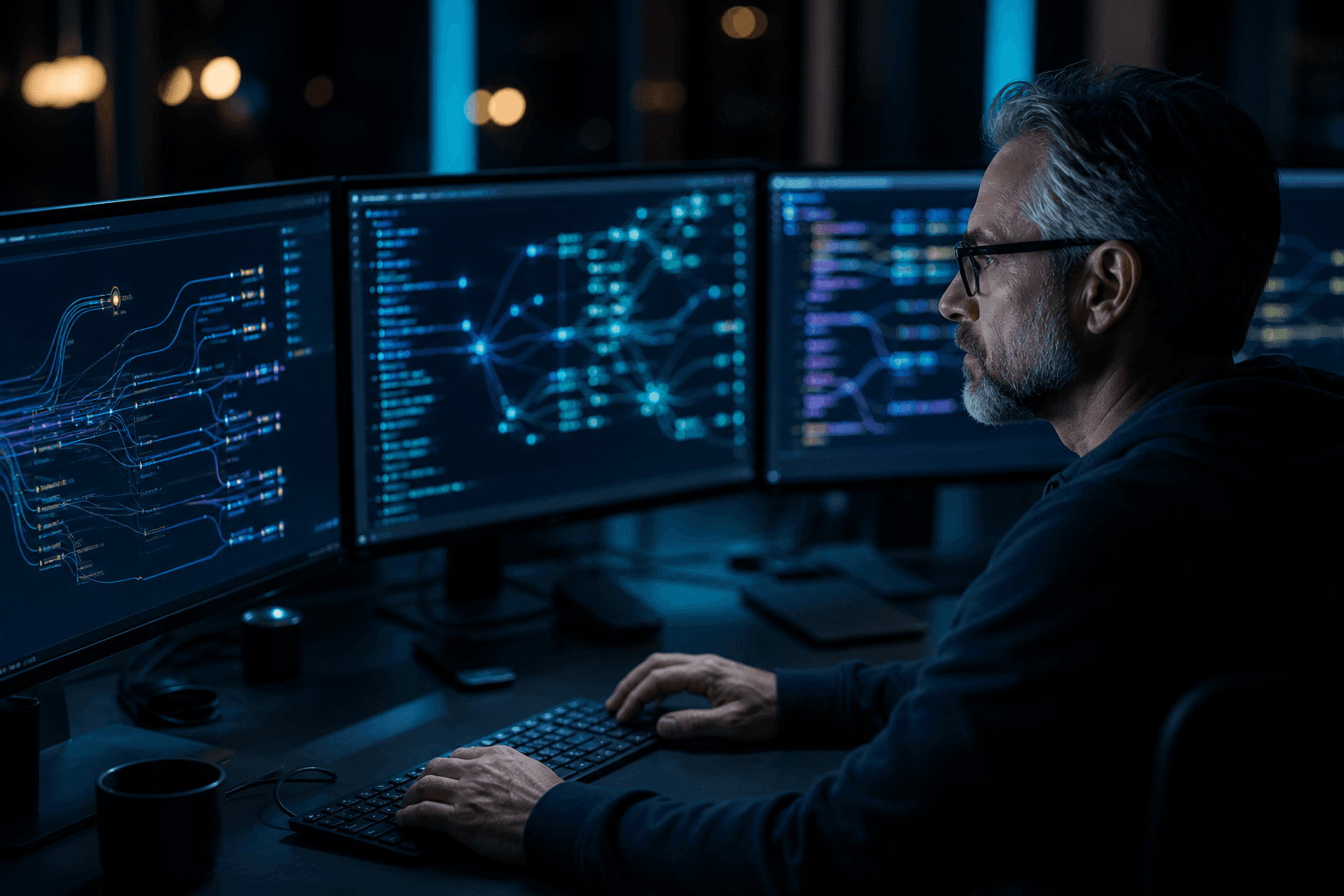 Desenvolvedor integrando APIs de telefonia em um ambiente escuro e profissional