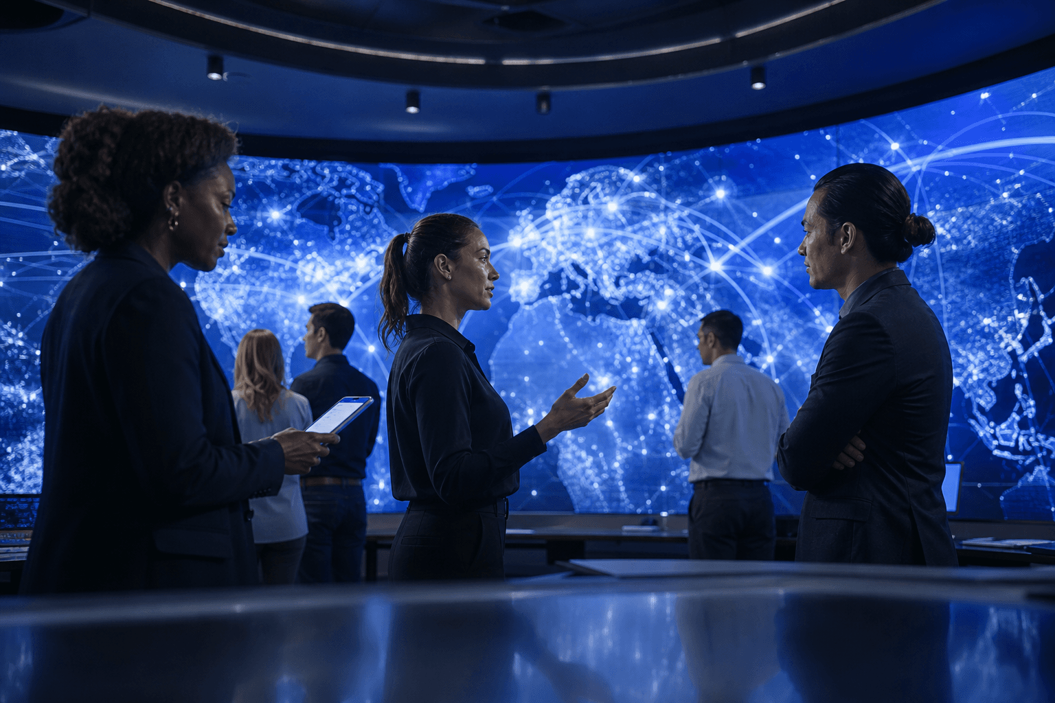 Sala de operações com mapa mundial e equipe acompanhando números virtuais