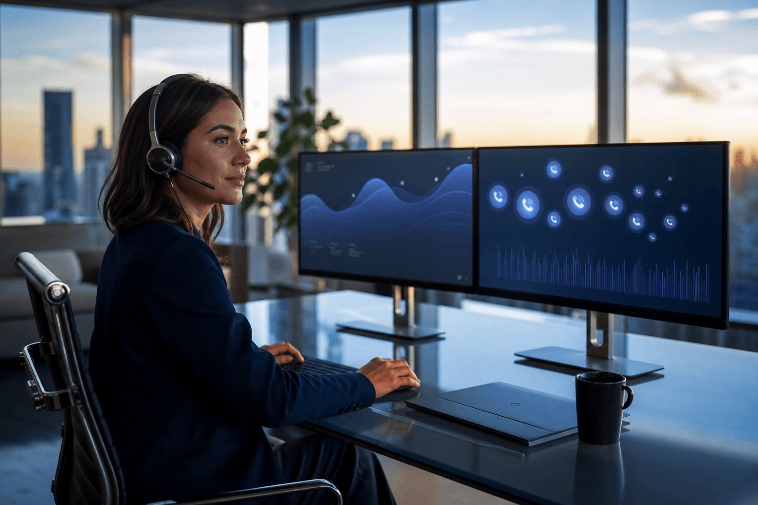 Profissional em escritório moderno usando headset VoIP com dashboard de chamadas
