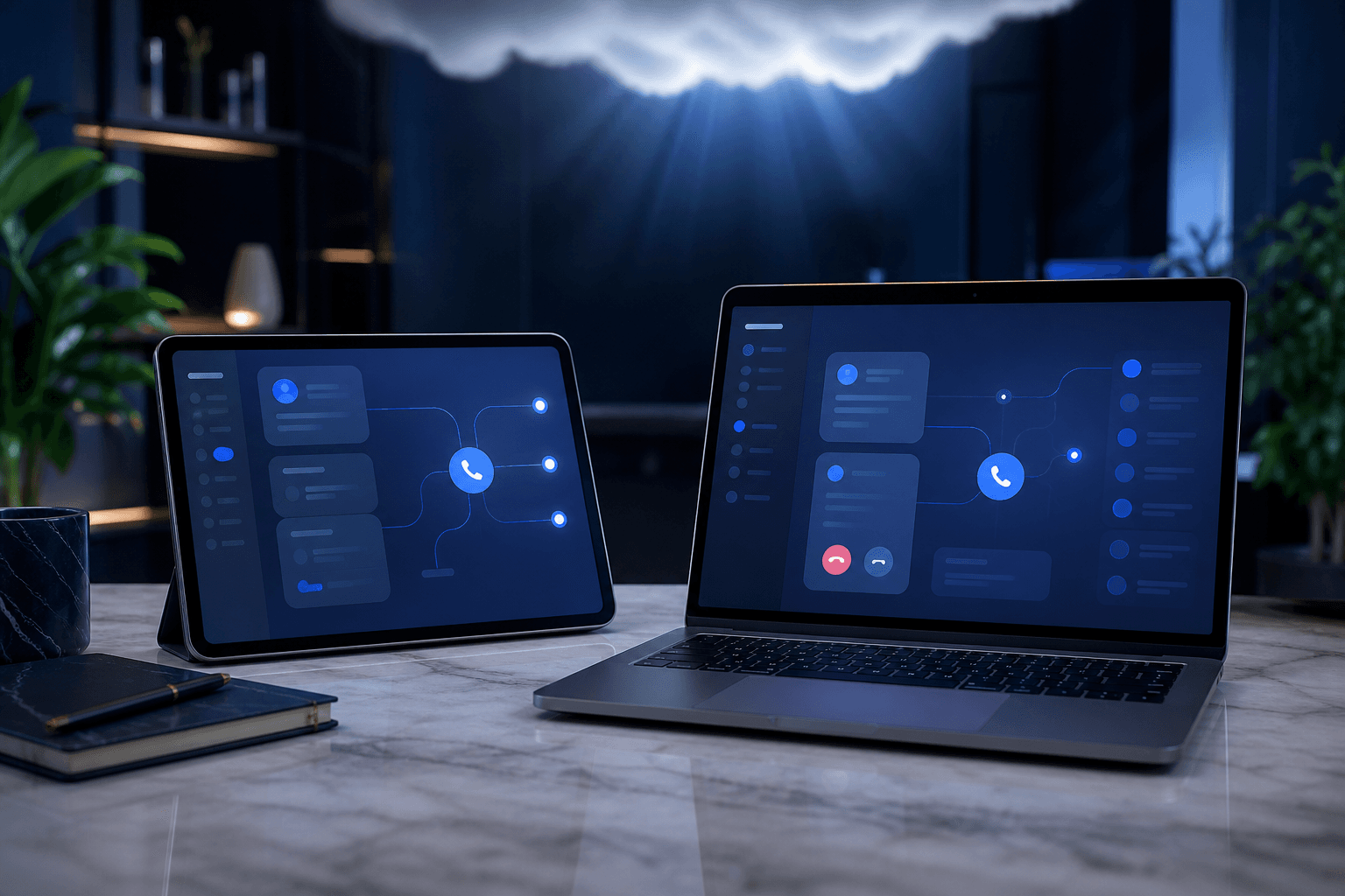 Mesa minimalista com tablet e notebook mostrando um PABX em nuvem