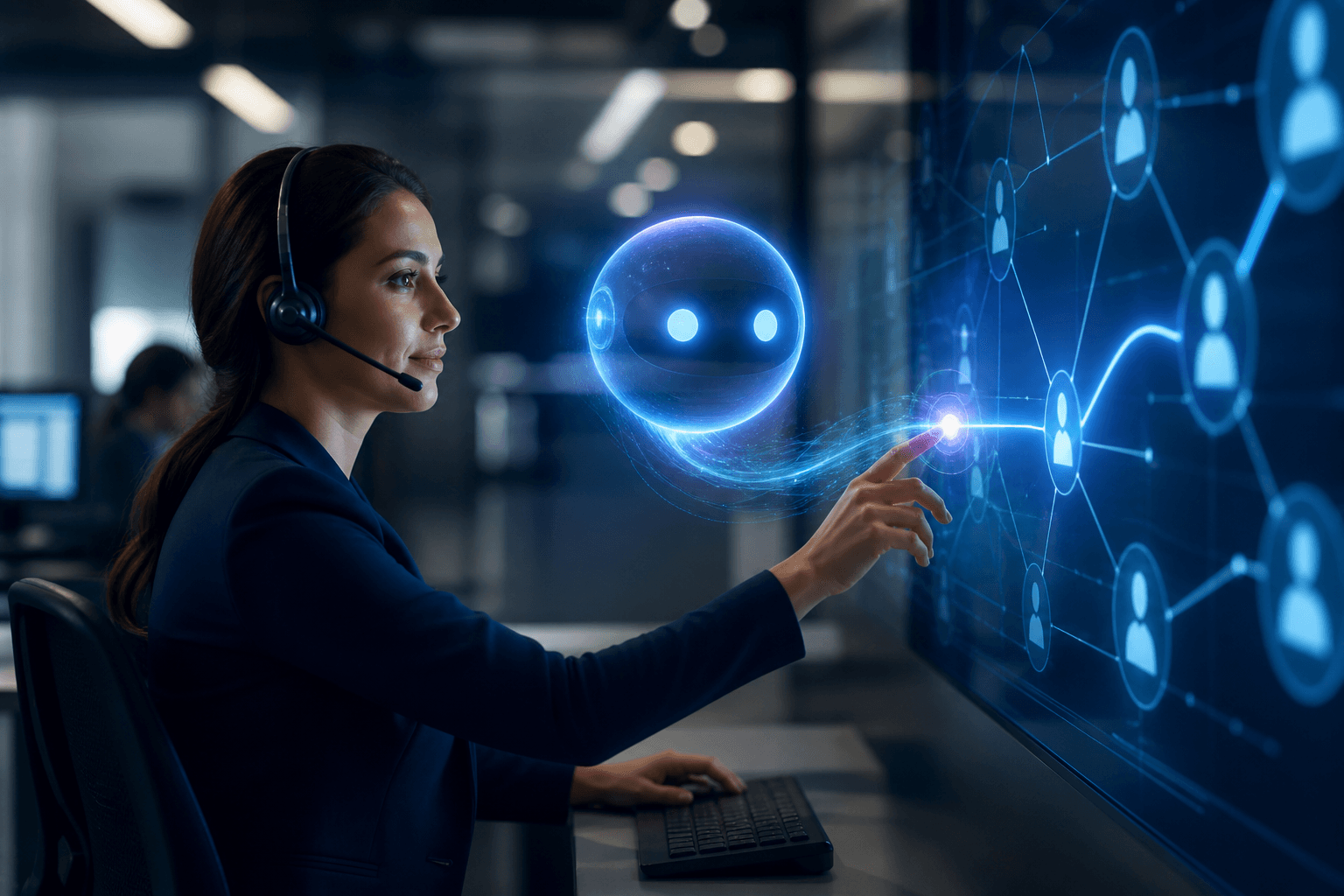 Assistente digital transferindo uma chamada ao lado de um agente humano