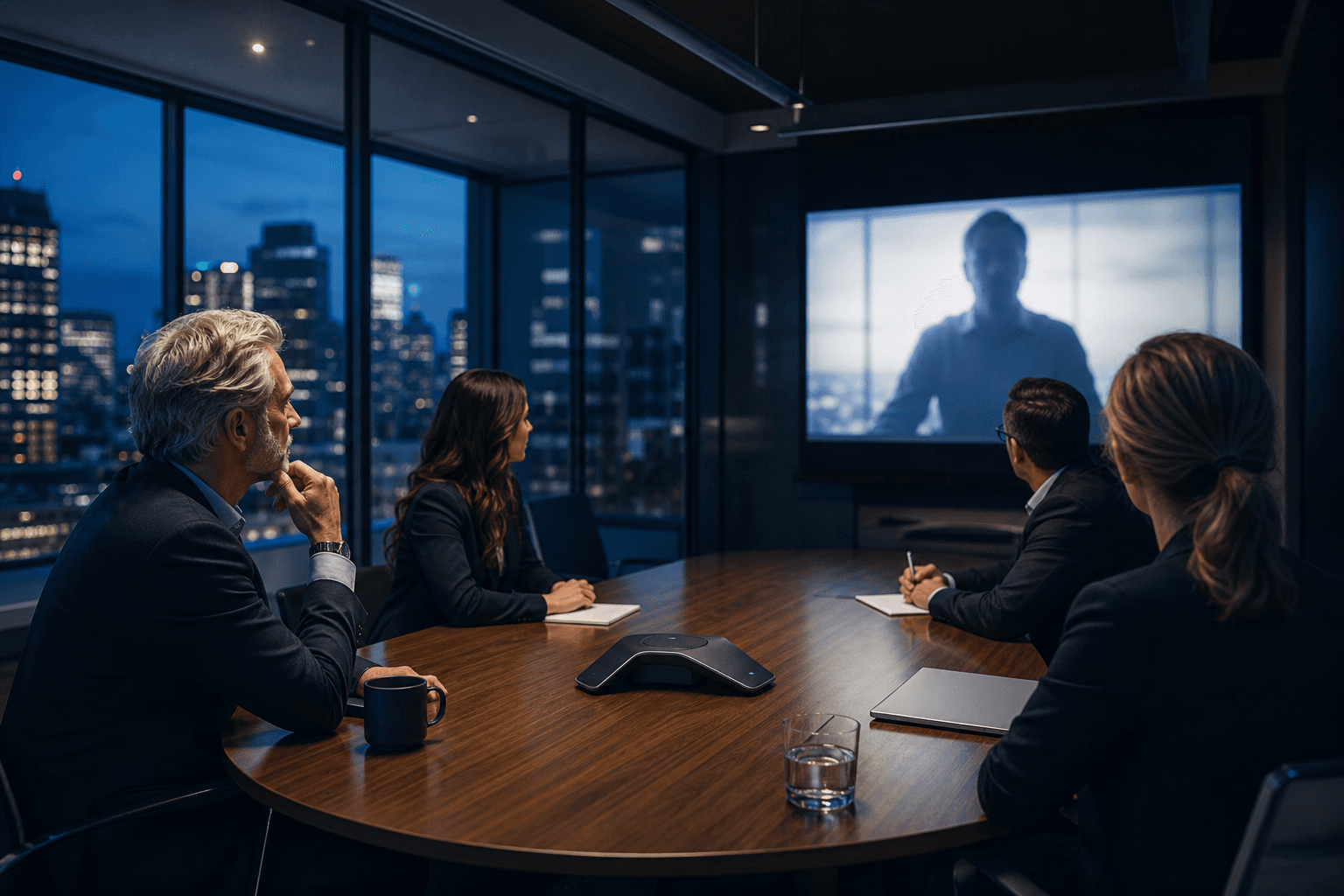 Sala de reunião com telefone IP de conferência e equipe híbrida