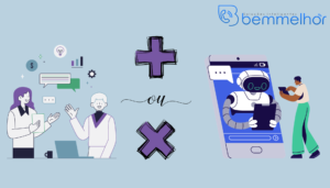 Na imagem tem a comparação entre o atendimento humanizado e o atendimento robotizado, fazendo um paralelo entre eles.