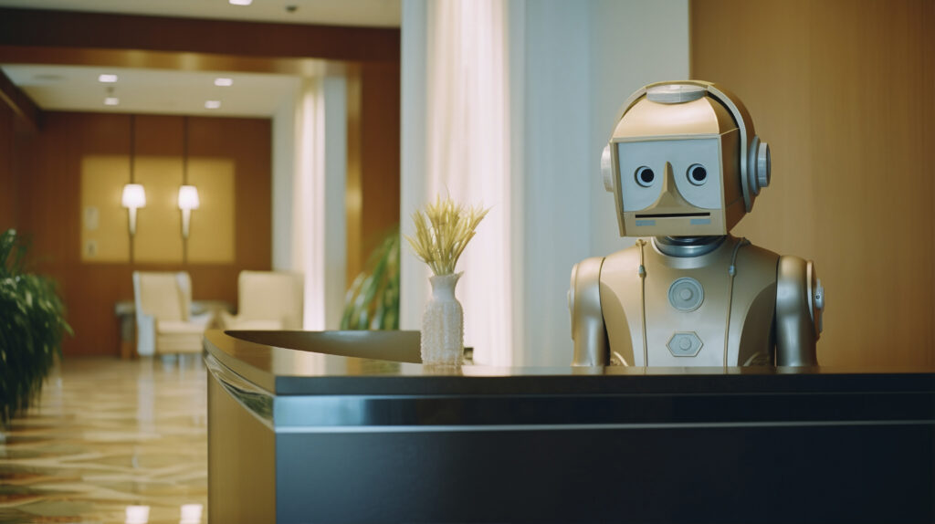 Um robô numa recepção realizando o atendimento primário "robotizado".