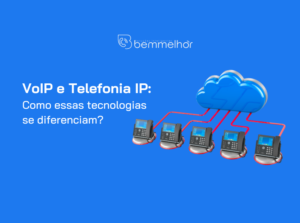 Foto de capa para o artigo "VoIP e Telefonia IP: Como essas tecnologias se diferenciam?". Uma ilustração de funcionamento do VoIP, com vários telefones (como ramais) conectados à nuvem.