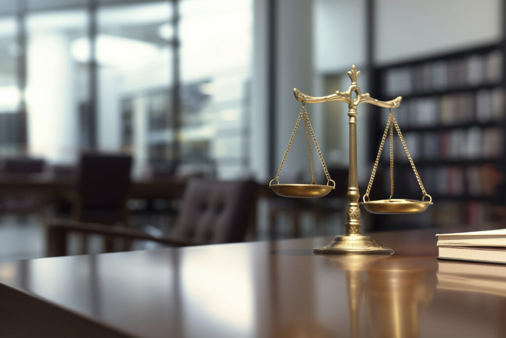 Mesa com a balança, símbolo da advocacia.