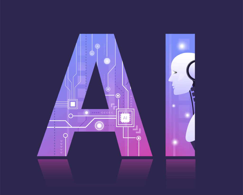 ilustração com o escrito AI (inteligência artificial) e um robô.