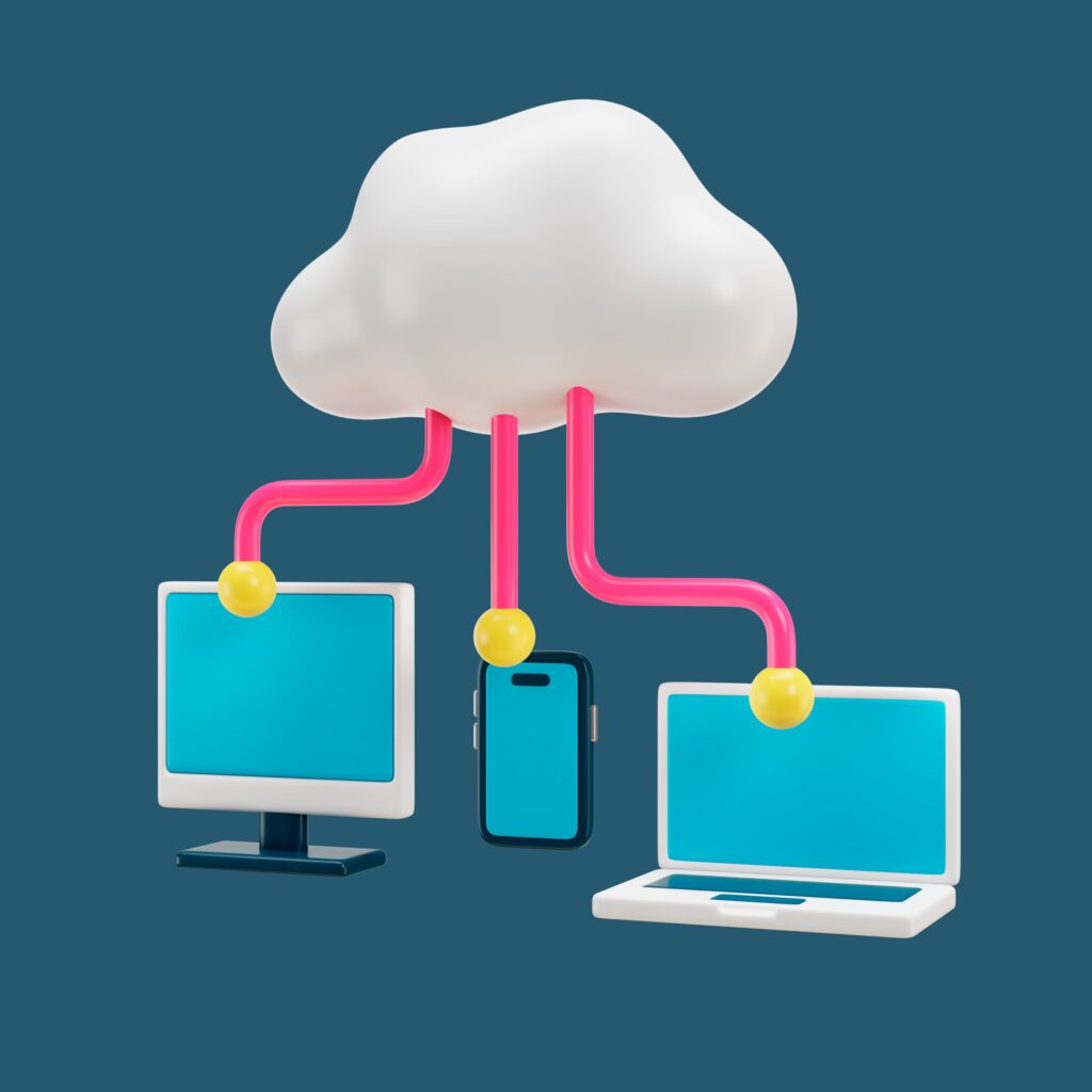 Representação de telefonia em nuvem, pabx virtual. Dispositivos como computador, celular e notebook conectados pela nuvem