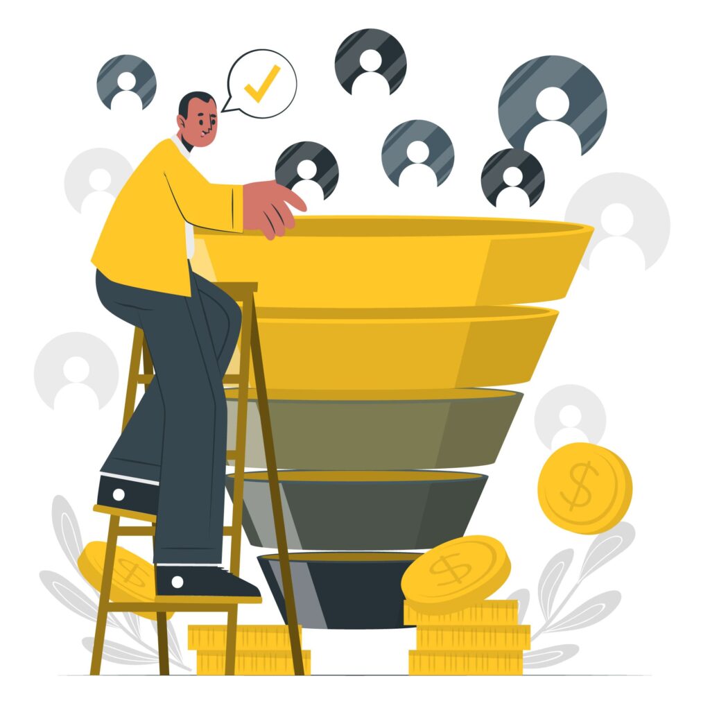 Representação de um funil de relacionamento com leads/clientes, um dos modelos mais usuais utilizados em CRM