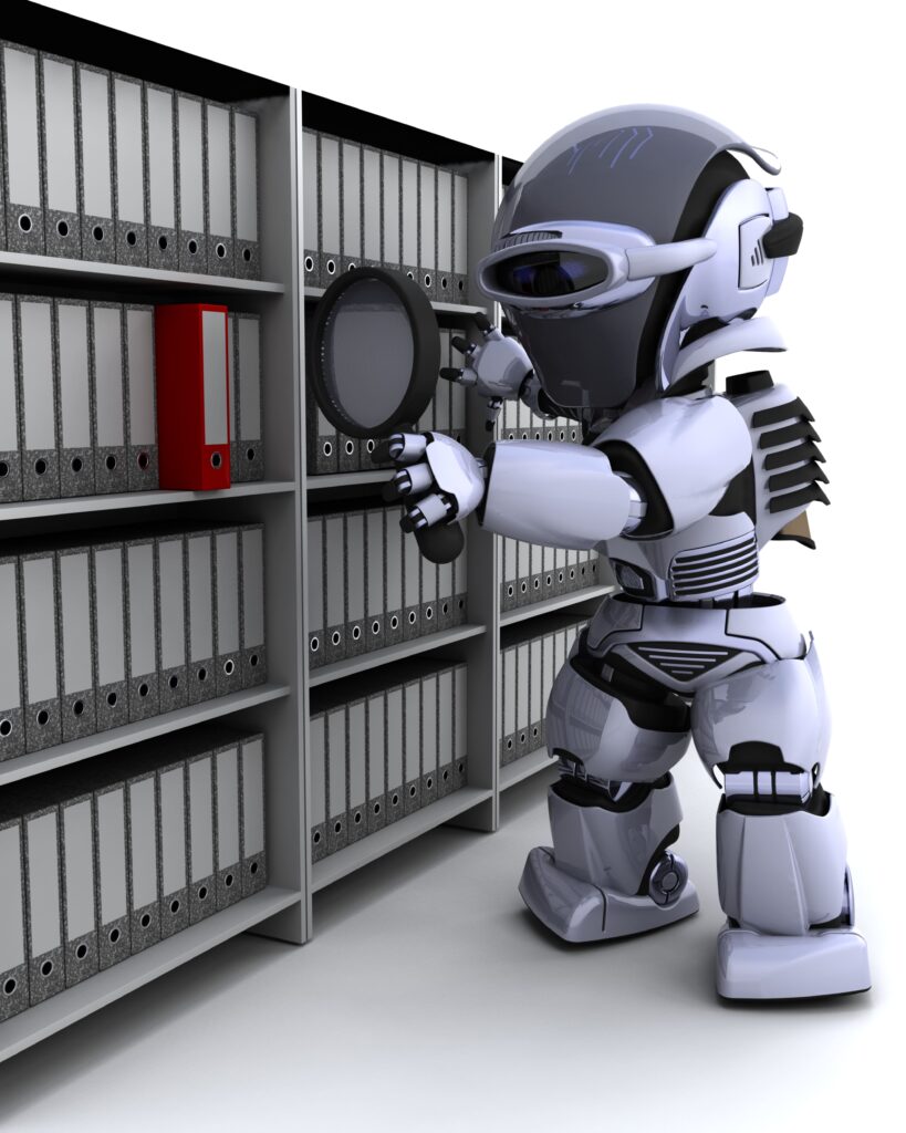um robô olhando em um banco de dados, buscando informações que foram solicitadas pelo consumidor.